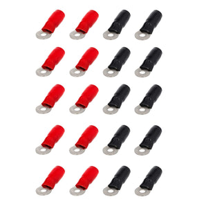  20 pack of T-SPEC V8-RTN8-20 4 AWG 1/4IN ring terminal in red and black colors.