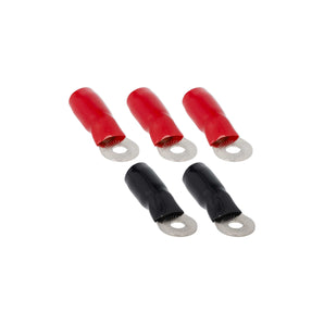 T-SPEC V8-RTN8 4 AWG 1/4IN Ring Terminal 5pk featuring red and black nickel plated ring terminals.