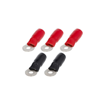  T-SPEC V8-RTN8 4 AWG 1/4IN Ring Terminal 5pk featuring red and black nickel plated ring terminals.