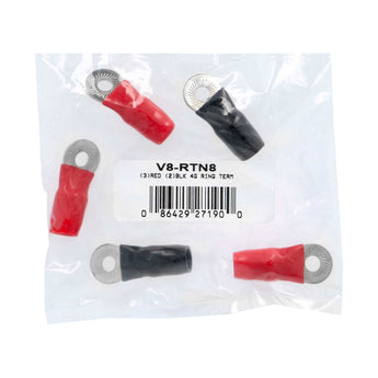  T-SPEC V8-RTN8 4 AWG 1/4IN Ring Terminal 5pk featuring red and black nickel plated ring terminals.