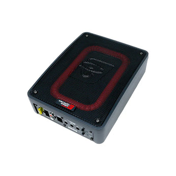 Cerwin Vega VPAS68 active 6x8 subwoofer enclosure with amp kit featuring red design and multiple input options.