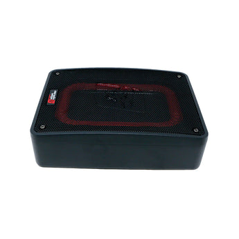  Cerwin Vega VPAS68 active 6x8 subwoofer enclosure with amp kit featuring red design and multiple input options.