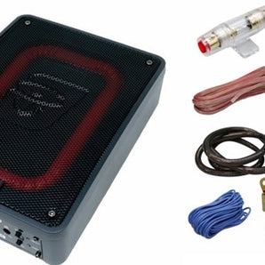 Cerwin Vega VPAS68 active subwoofer enclosure with amp kit components including wires and connectors.