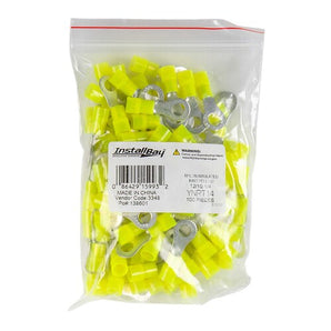 Install Bay YNRT14 yellow nylon ring terminal 12-10 gauge packaged bag of 100 pieces.