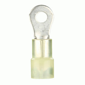 Nylon ring terminal for 12-10 gauge wires, featuring a yellow insulation and a metal connection loop.