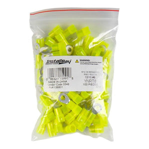 Install Bay YNRT8 yellow nylon ring terminal 12-10 gauge #8 package of 100 pieces in clear bag.