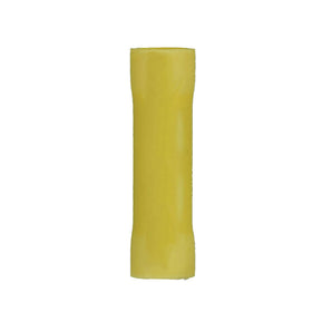 Yellow vinyl butt connector for electrical wiring, ideal for connecting two or more wires securely.