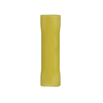 Yellow vinyl butt connector for electrical wiring, ideal for connecting two or more wires securely.