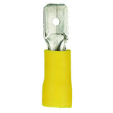Install Bay YVMD250 yellow vinyl male quick disconnect terminal for 12-10 gauge wire.