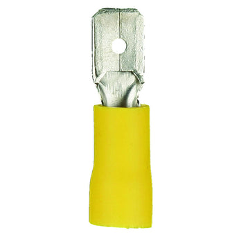 Install Bay YVMD250 yellow vinyl male quick disconnect terminal for 12-10 gauge wire.