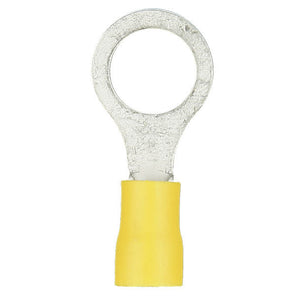 Yellow vinyl ring terminal for 12-10 gauge wire, featuring a 3/8 inch connection, suitable for electrical installations.
