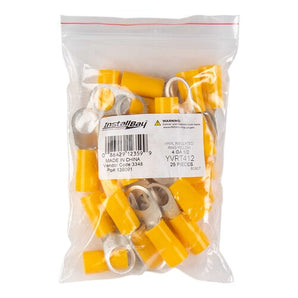 Yellow vinyl ring terminal 4 gauge, packaged, Install Bay YVRT412, includes 25 pieces, ideal for electrical connections.