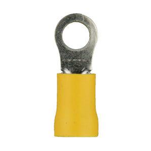 Yellow vinyl ring terminal for 4 gauge wire with a 3/8 inch opening, ideal for secure electrical connections.