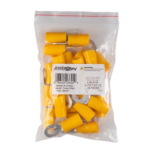 Install Bay YVRT4516 yellow vinyl ring terminal 4 gauge 5/16 inch in a package of 25 pieces.
