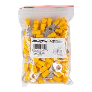 Install Bay YVRT516 yellow vinyl ring terminal 12-10 gauge 5/16 in pack of 100 ready for installation.