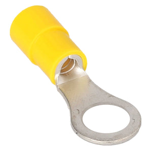 Close-up of a yellow vinyl ring terminal for 12-10 gauge wires, showcasing its metal ring and insulated yellow cover.