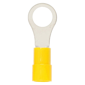 Close-up of a yellow vinyl ring terminal for 12-10 gauge wires, showcasing its metal ring and insulated yellow cover.