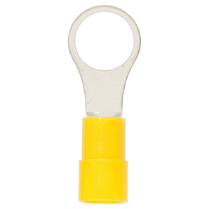 Install Bay YVRT8 Yellow Vinyl Ring Terminal 12-10 Gauge #8 with a circular opening, ideal for electrical connections.