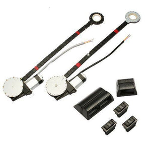 Electric power window conversion kit components including regulators and switches for 2-door vehicles.