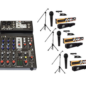 Peavey PV6BT Pro Audio Mixer Bluetooth Effects + 3 MSP-1 1/4" Microphone Stand package