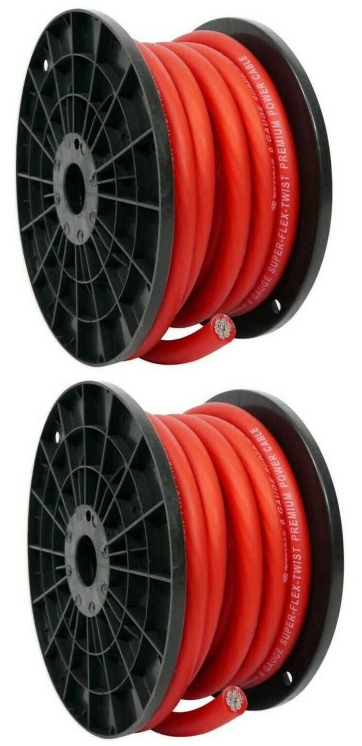 2 Bullz Audio 1/0-gauge 50 Ft<br/>1/0-gauge 50 Ft feet power ground wire cables Xtream twisted audio red