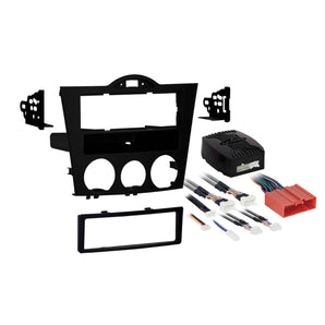 Metra 99-7510 single black DIN installation dash kit for Mazda RX8 2004-2008 with wiring harness and components.