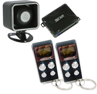 Absolute AL810 car alarm system with two LCD remotes and siren for keyless entry and security.