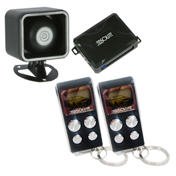 Absolute AL810 car alarm system with two LCD remotes and siren for keyless entry and security.