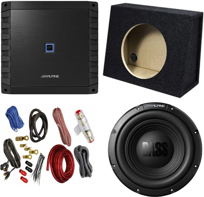 Alpine Bundle Compatible with Universal Vehicles W10S4 Single 10" Loaded Sub Box Enclosure with S2-A60M 1200W Amplifier