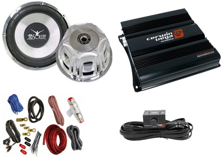 Absolute Axis AX1000 10" 1000W & Cerwin Vega CVP1600.1D 1600W & 4 Gauge Amp Kit