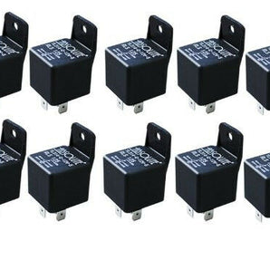 Automotive relay in black casing with mounting tab, 5 pin configuration suitable for vehicle electrical systems.