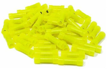  Nylon butt connector in yellow color designed for secure electrical connections, suitable for 12-10 gauge wires.