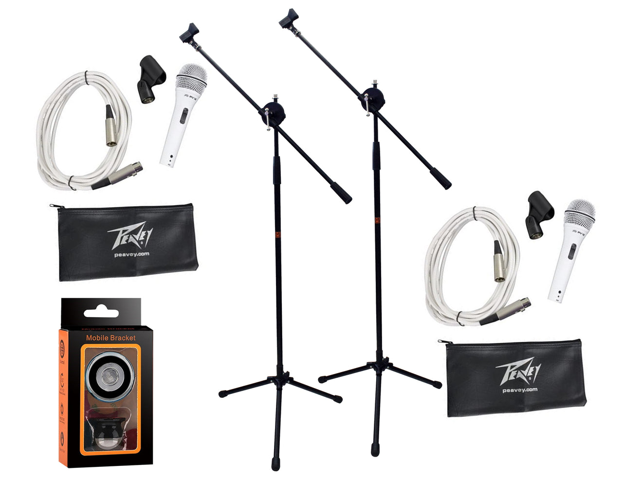 2 Peavey Pvi2 White Microphone w/Mic Clip & Carrying Bag + MR DJ Microphone Stand