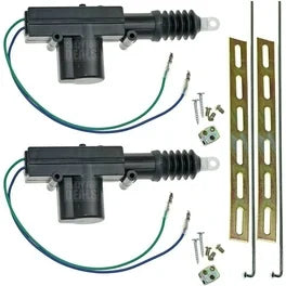 American Terminal power door lock kit actuator with hardware components, designed for universal 12V car installations.