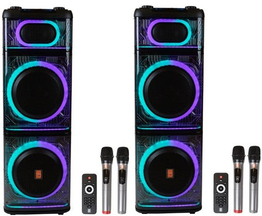 2 MR DJ BEVERLY HILLS 55000W Dual 12” Bluetooth Rechargeable Party Speaker Ring Partylights 2 Wireless Mic TWS Portable DJ PA System