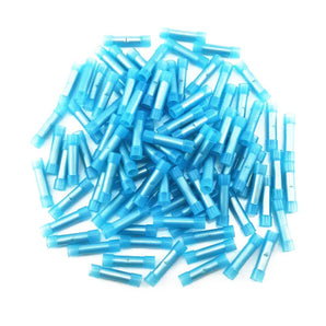 Butt connector in blue color, made of nylon, designed for 16-14 gauge wire connections, ideal for electrical projects.