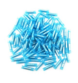 Butt connector in blue color, made of nylon, designed for 16-14 gauge wire connections, ideal for electrical projects.