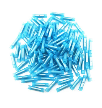 Butt connector in blue color, made of nylon, designed for 16-14 gauge wire connections, ideal for electrical projects.