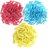 300Pcs butt connectors in red, blue, and yellow for electrical connections, suitable for 12-10, 16-14, 22-18 gauge wiring.