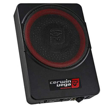 Cerwin Vega VPAS10 slim powered enclosure featuring a 10-inch subwoofer for mobile audio systems.