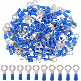 100 pieces of blue ring terminals, insulated electrical crimp connectors for 14-16 gauge wiring.