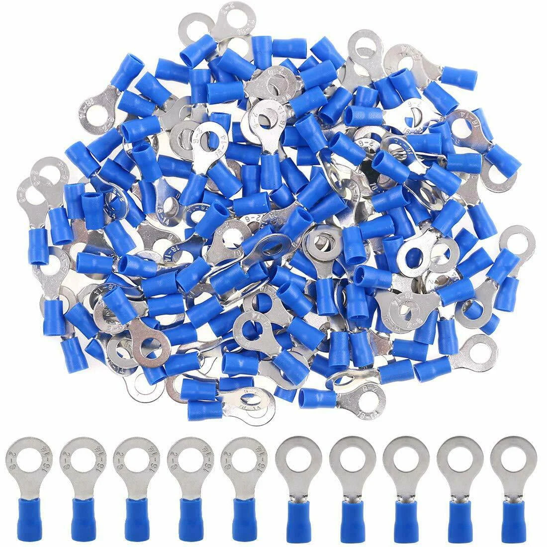 100 Pieces 14 - 16 Gauge 1/4" Vinyl Blue Ring Terminal Connectors Secure