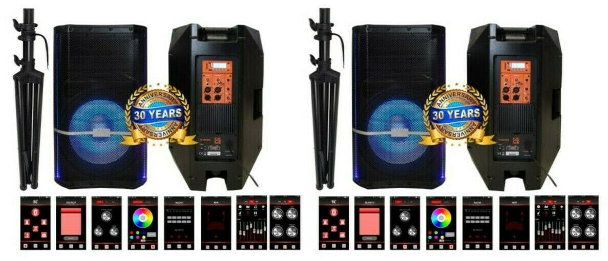 2 Mr. Dj PLED5000 + 2 Speaker Stand 2-Way 15" Portable Active Powered PRO PA DJ Speaker Bluetooth FM USB Sd Karaoke & Smart App + 2 Speaker Stand