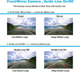 Image illustrating front and mirror camera views with guide line settings for license plate backup camera.