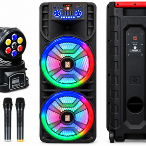 MR DJ NEWYORK+ 12" X 2 Rechargeable Portable Bluetooth Karaoke Speaker with Party Flame Lights Microphone TWS USB FM Radio + 7-LED Moving Head DJ Light