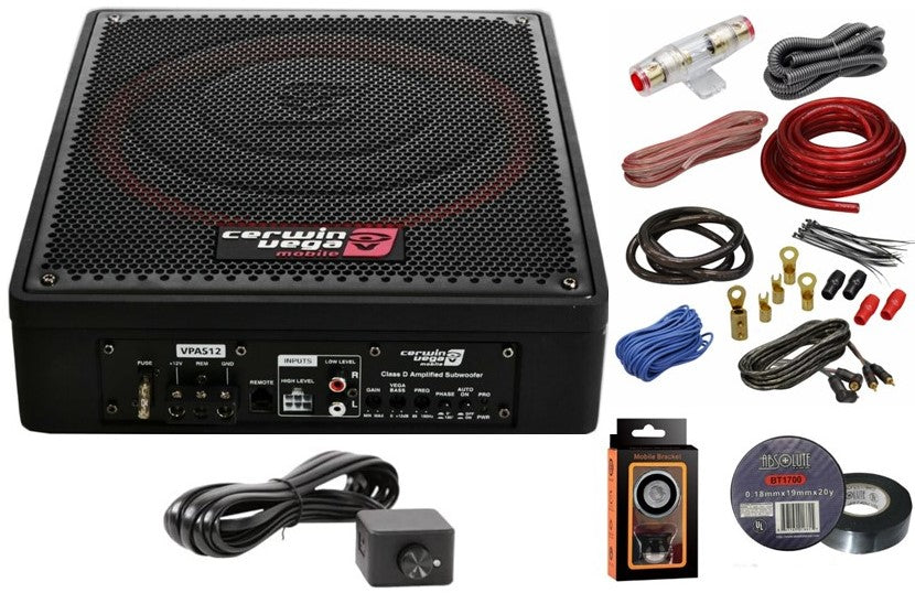 Cerwin Vega VPAS12-12 Shallow Mount Sealed Powered 600W Subwoofer Enclosure + 4 Gauge Amp Kit Bundle