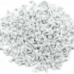 1000 white crimp cap connectors in a pile, ideal for electrical wiring and connections. Nylon, closed ends for secure fit.