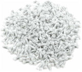 1000 white crimp cap connectors in a pile, ideal for electrical wiring and connections. Nylon, closed ends for secure fit.