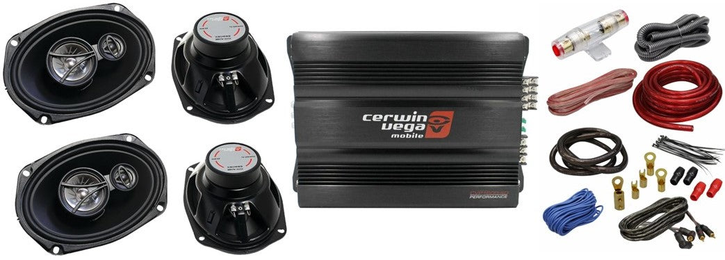 Cerwin Vega CVP1600.4D 4-Ch + 2 XED-693 6x9" 3-Way Speakers + AMP Kit + Mobile Bracket & Tape