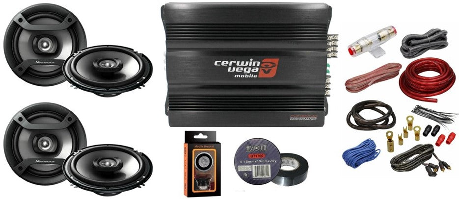 Cerwin Vega CVP1600.4D 1600W 4-Ch + 2 Pioneer TS-F1634 6.5" Speaker + Mobile Bracket & Tape